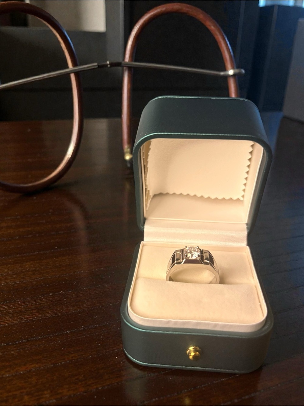 Men's Silver Moissanite Solitaire Signet Ring in Green Box